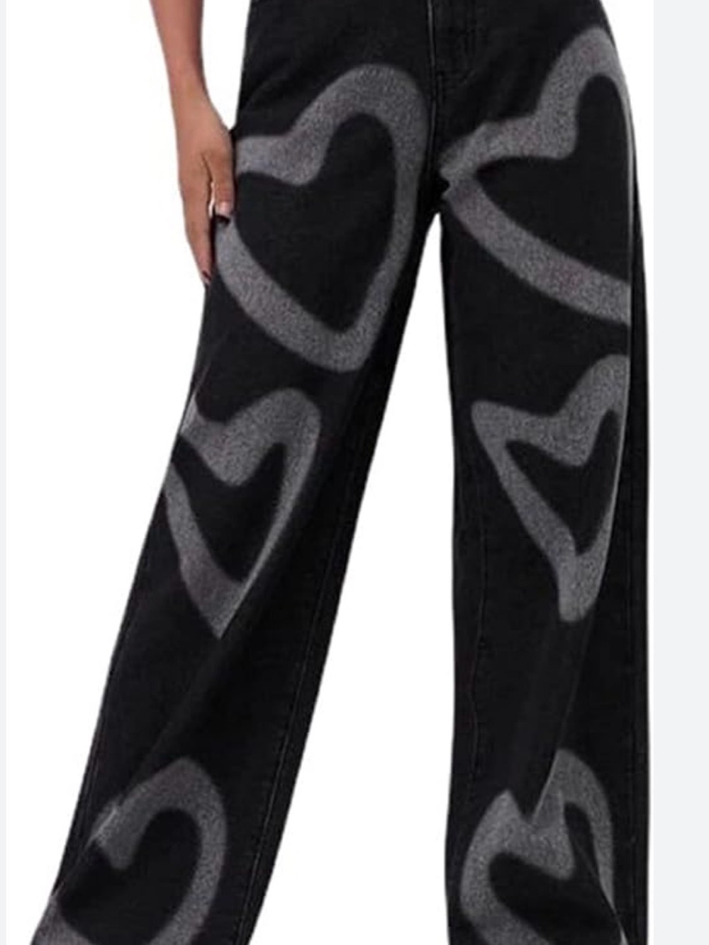 Black Wide-Leg Jeans with Gray Heart Print